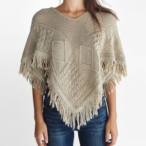 Aran Crafts Ireland Merino Wool Cable Knit Fringe Poncho Tan One Size Fisherman